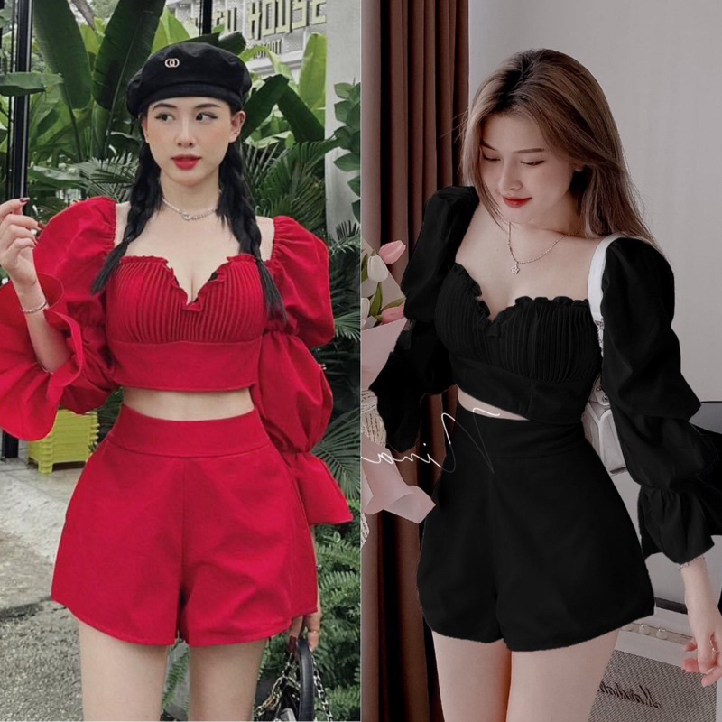 SET ÁO CROPTOP XẾP LY NGỰC VIỀN BÈO TAY BO PHỒNG KÈM QUẦN SHORTS ĐỎ