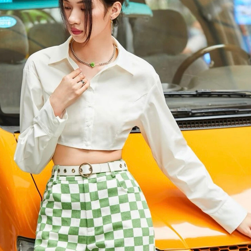 Áo sơ mi croptop dài tay HAGA cổ áo polo SM67