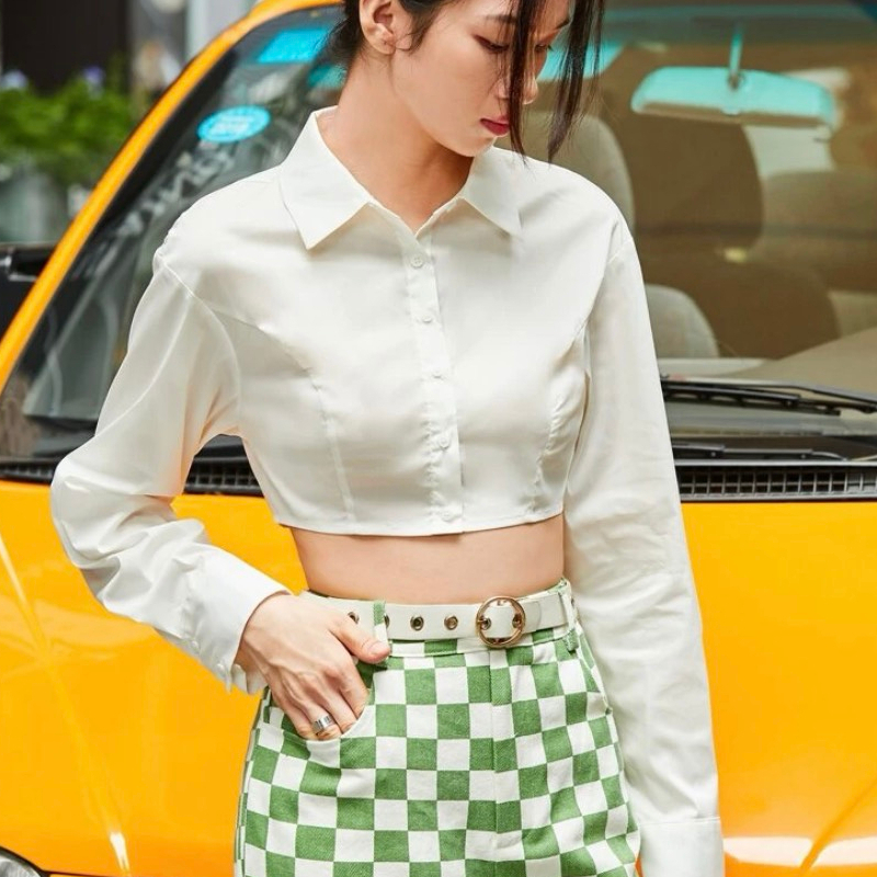 Áo sơ mi croptop dài tay HAGA cổ áo polo SM67