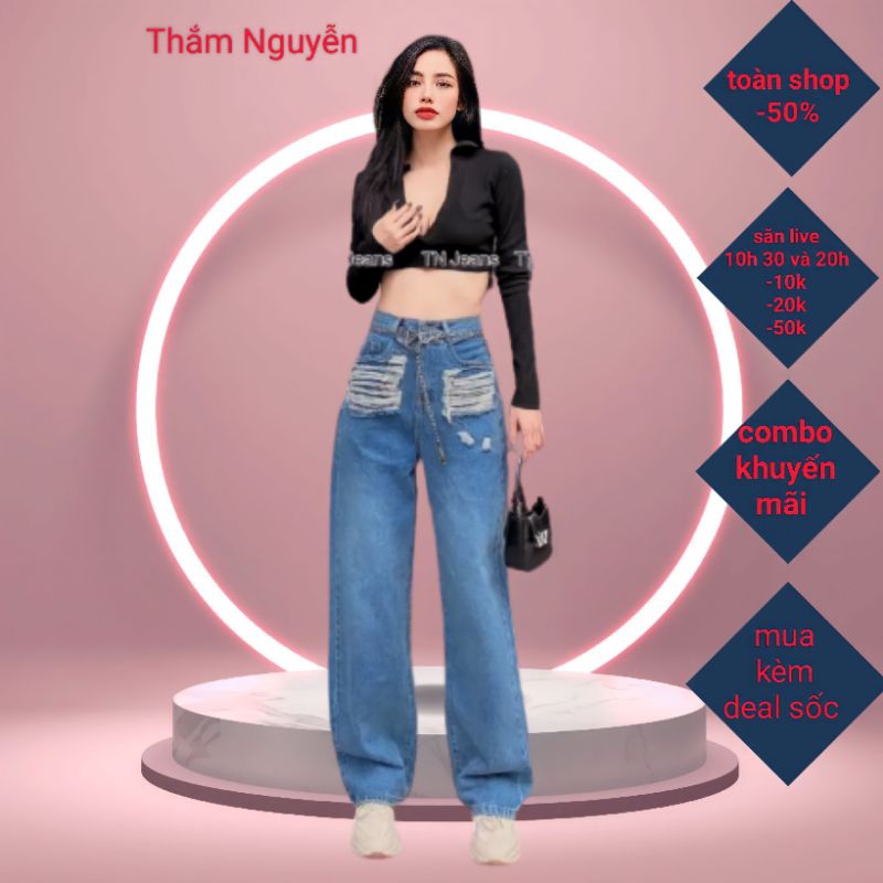 MS1- Quần jean nữ ống suông túi rách chất cotton không co giãn có big size đến 69kg cho các chị em ạ