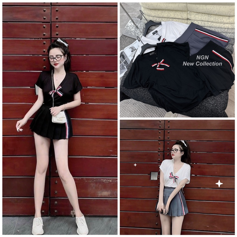 Sét áo phông cổ tim đính nơ+ chân váy Thome xếp li