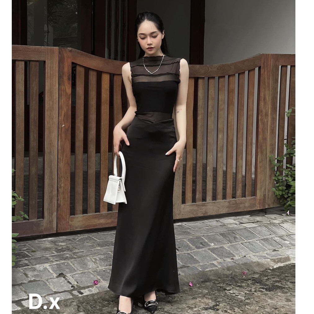 Set áo ren sát nách xuyên thấu phối chân váy đuôi cá lụa dáng dài thời trang thiết kế đi chơi du lịch dự tiệc cưới LEVAN