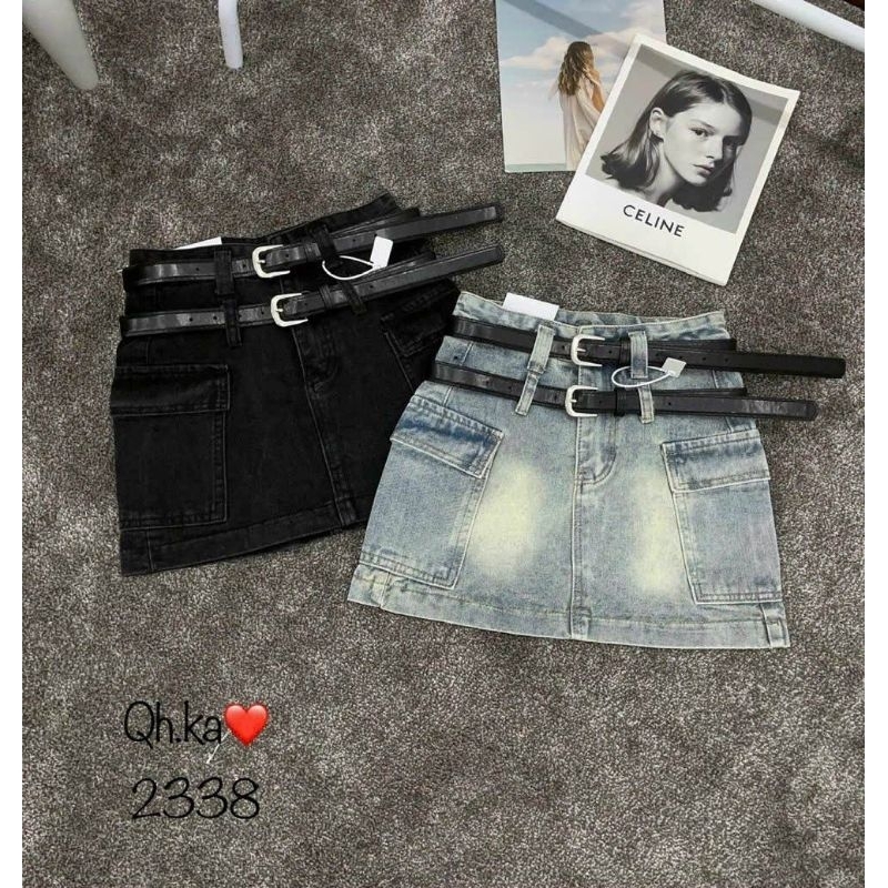Quần váy jeans túi hộp 2 đai hàng QC L1