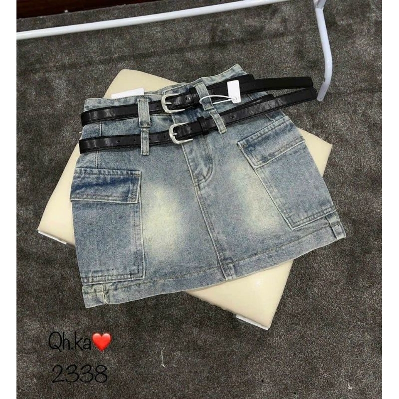 Quần váy jeans túi hộp 2 đai hàng QC L1