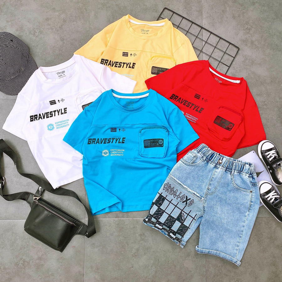 Quần áo bé trai, bộ jean túi in chữ Bravestyle sành điệu cho bé trai từ 25 đến 50 kg