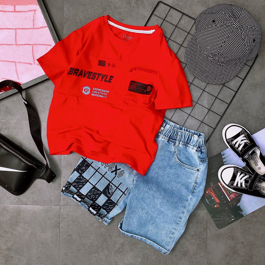 Quần áo bé trai, bộ jean túi in chữ Bravestyle sành điệu cho bé trai từ 25 đến 50 kg