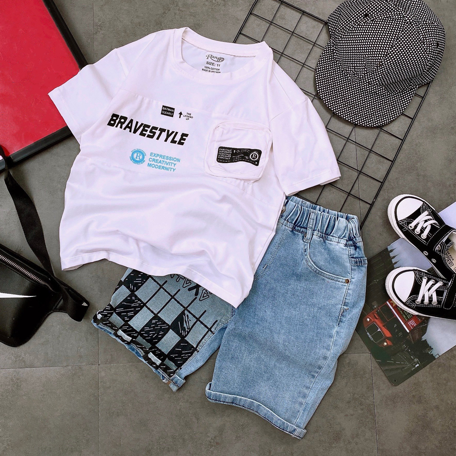 Quần áo bé trai, bộ jean túi in chữ Bravestyle sành điệu cho bé trai từ 25 đến 50 kg