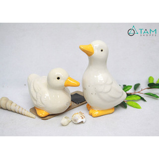 Bộ 2 tượng vịt gốm trống mái gốm trắng vàng TCV-VIT-01_TAN