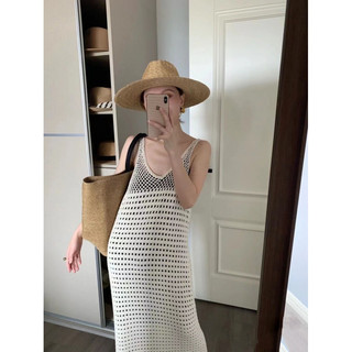 Váy dệt kim đi biển đầm dệt kim mặc ngoài bikini dáng dài kiểu hai dây mát mẻ phong cách retro 2023