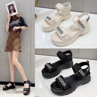 (đi tăng size) Sandal nữ đế bánh mì Fashion Hàn Quốc đế cao quai họa tiết ô caro và quai chữ Mẫu mới 2023 (đi tăng size)