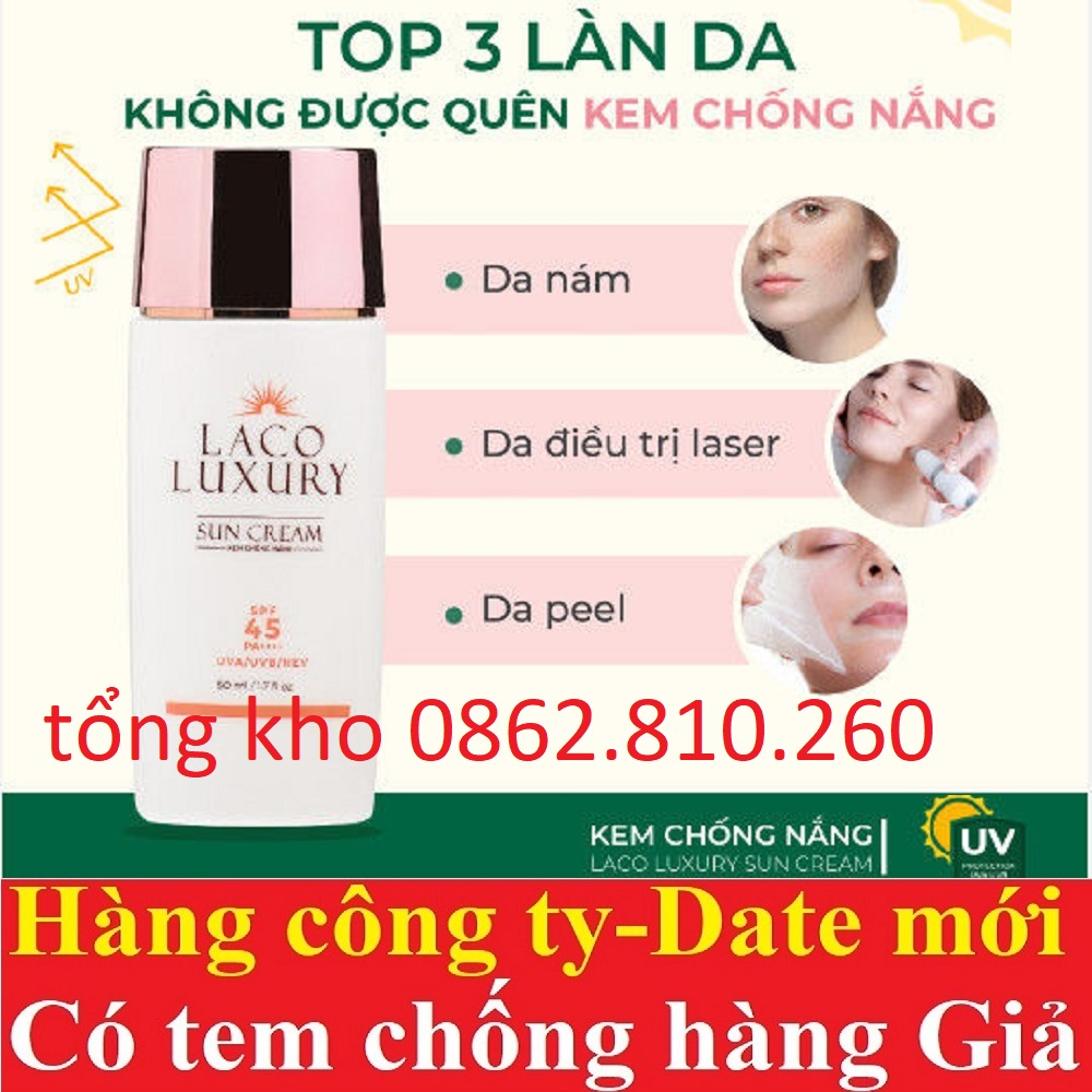 Laco Luxury Sun Cream 50ml Kem Chống Nắng, dưỡng trắng SPF45 PA++++ Lên Tone, Chống UVA, UVB, Không Nhờn, Kiềm Dầu