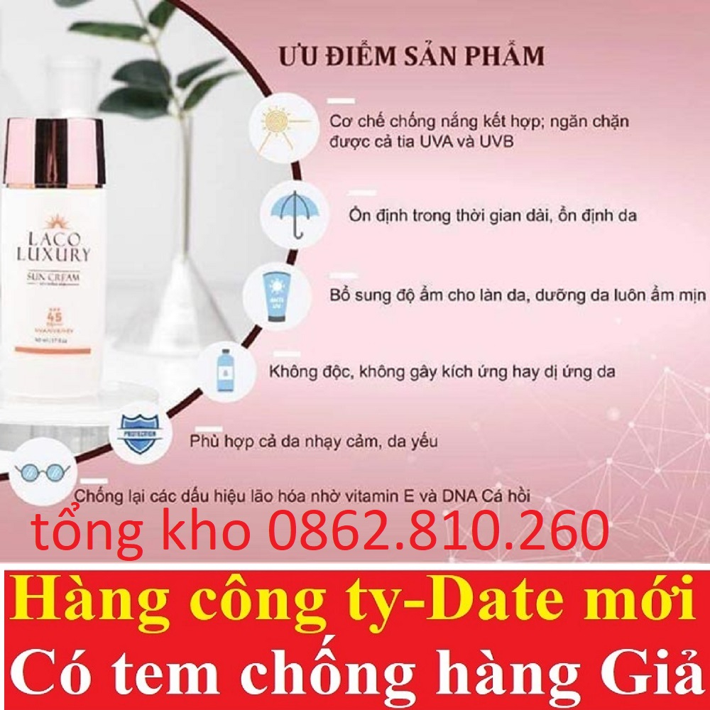 Laco Luxury Sun Cream 50ml Kem Chống Nắng, dưỡng trắng SPF45 PA++++ Lên Tone, Chống UVA, UVB, Không Nhờn, Kiềm Dầu