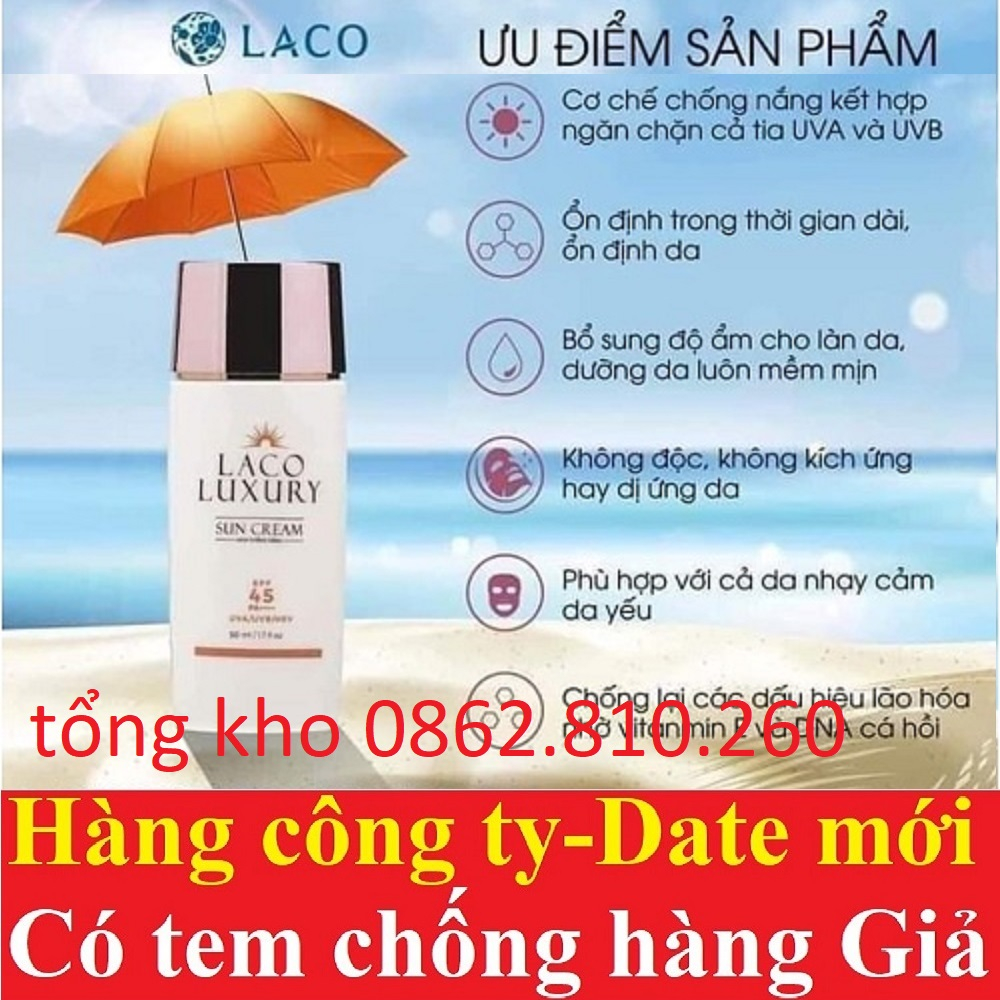 Laco Luxury Sun Cream 50ml Kem Chống Nắng, dưỡng trắng SPF45 PA++++ Lên Tone, Chống UVA, UVB, Không Nhờn, Kiềm Dầu