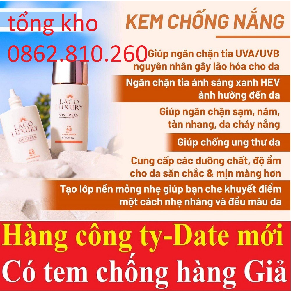 Laco Luxury Sun Cream 50ml Kem Chống Nắng, dưỡng trắng SPF45 PA++++ Lên Tone, Chống UVA, UVB, Không Nhờn, Kiềm Dầu