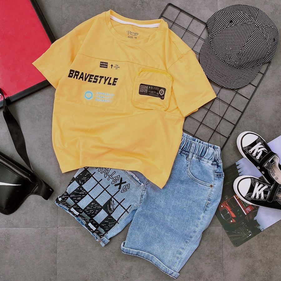 Quần áo bé trai, bộ jean túi in chữ Bravestyle sành điệu cho bé trai từ 25 đến 50 kg