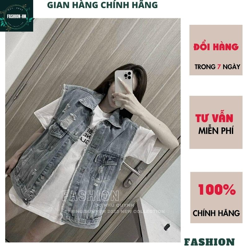 Áo gile jean dáng rộng rách viền tua rua - Áo khoác bò màu xanh năng động cá tính siêu hot - FASHION AKB13