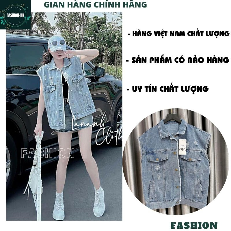 Áo gile jean dáng rộng rách viền tua rua - Áo khoác bò màu xanh năng động cá tính siêu hot - FASHION AKB13