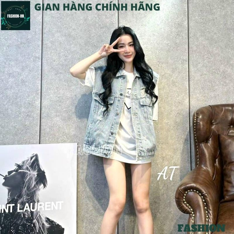 Áo gile jean dáng rộng rách viền tua rua - Áo khoác bò màu xanh năng động cá tính siêu hot - FASHION AKB13