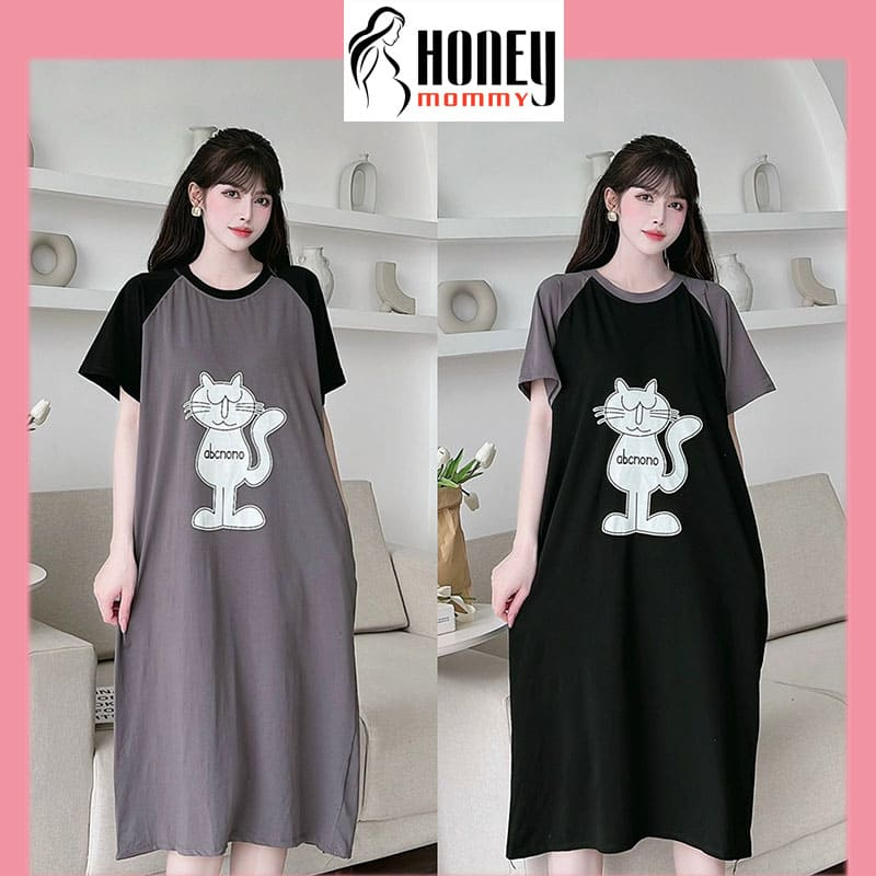 Đầm Bầu Váy Bầu Mùa Hè Dáng Xuông Chất Cotton Mát In Hình Mèo Dễ Thương Mặc Ở Nhà Đi Chơi Thoải Mái HD2946 Honey Mommy