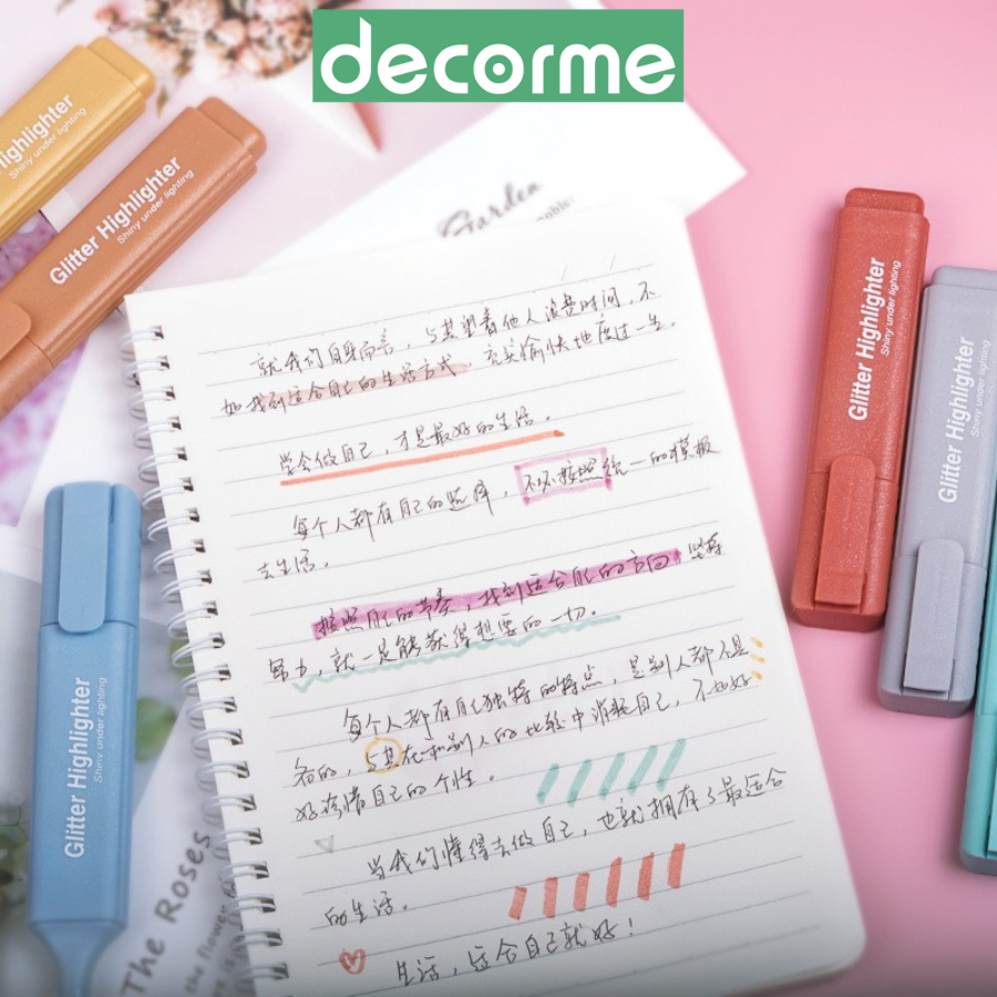 Bút đánh dấu highlight Decorme bút dạ quang văn phòng phẩm Glitter Marker có ánh nhũ