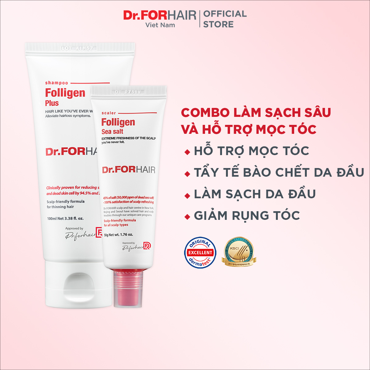 Combo dầu gội đầu giảm rụng tóc, muối tẩy tế bào da đầu chăm sóc tóc của Dr.FORHAIR Folligen Plus x Sea Salt Scaler