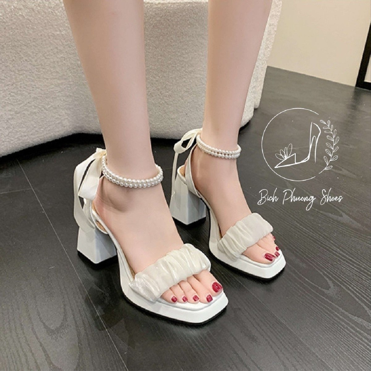 Sandal Cao Gót 10p Quai Nhúm Vòng Ngọc Cổ Chân Hàng Chuẩn Lên Tôn Dáng