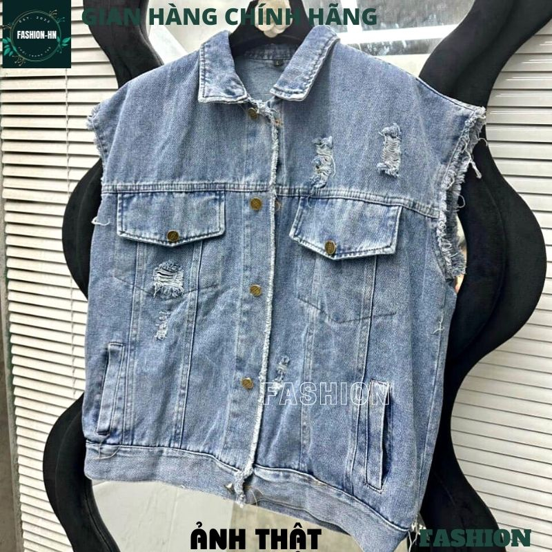 Áo gile jean dáng rộng rách viền tua rua - Áo khoác bò màu xanh năng động cá tính siêu hot - FASHION AKB13