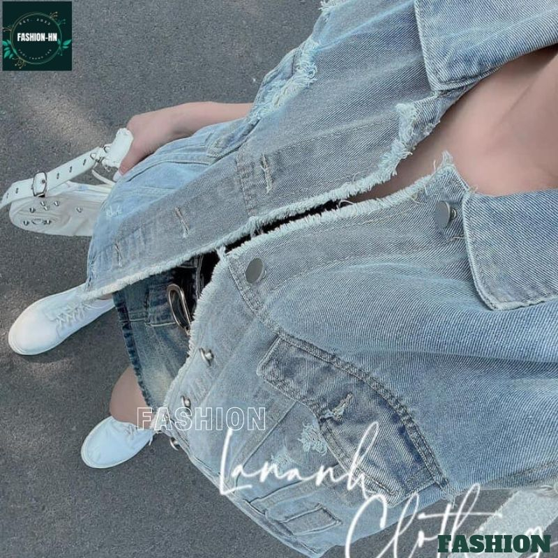 Áo gile jean dáng rộng rách viền tua rua - Áo khoác bò màu xanh năng động cá tính siêu hot - FASHION AKB13