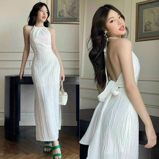 Đầm midi yếm hở lưng thắt nơ