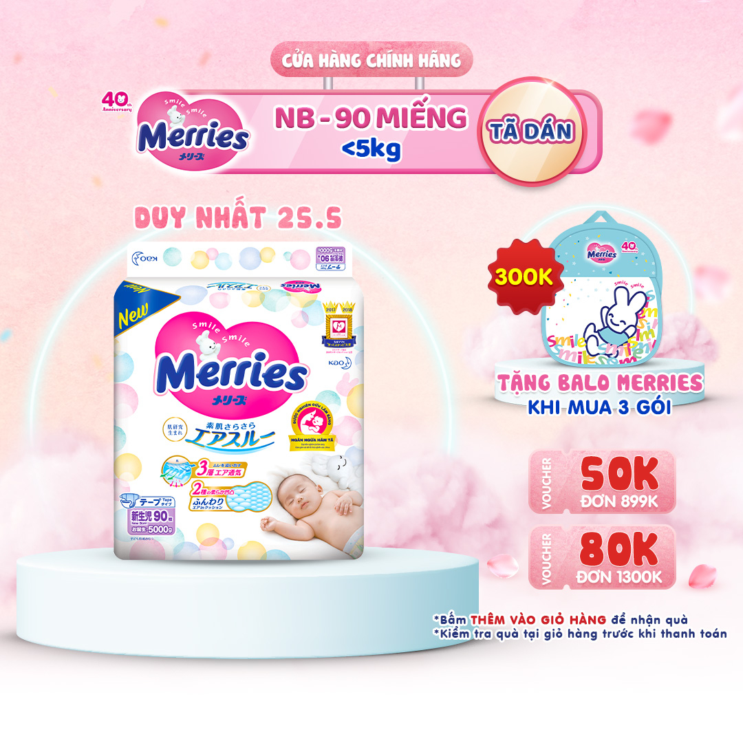 Tã/bỉm dán Merries size NB 90 miếng (Cho bé dưới 5kg)