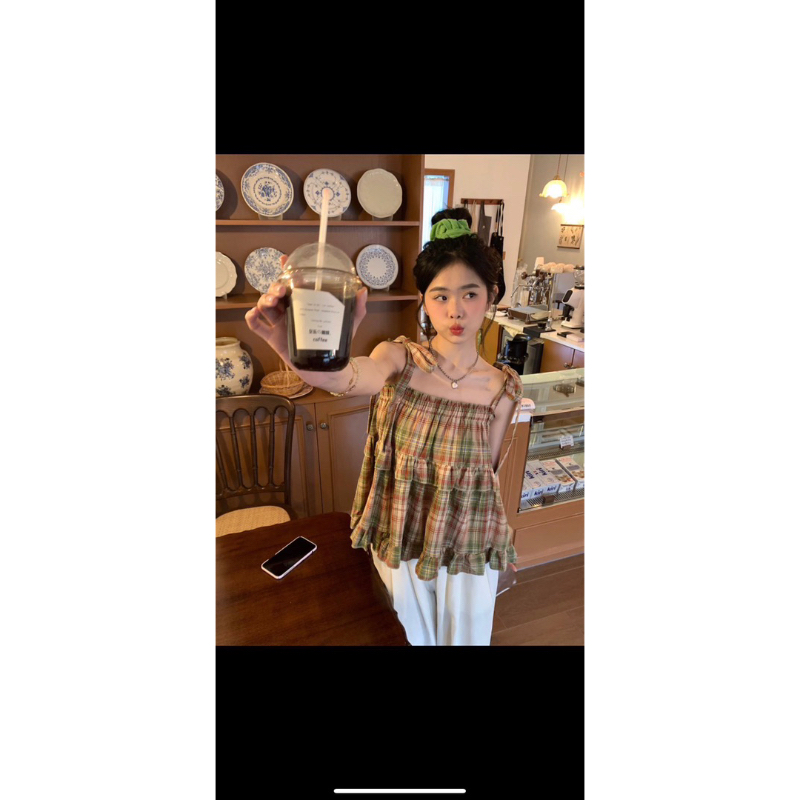 [ 𝐅𝐑𝐄𝐄 𝐒𝐇𝐈𝐏 ] Áo 2 dây caro viền bèo siêu xinh Vải caro thô đũi QC mềm đẹp, 2 dây điều chỉnh, chun ngực ôm đẹp