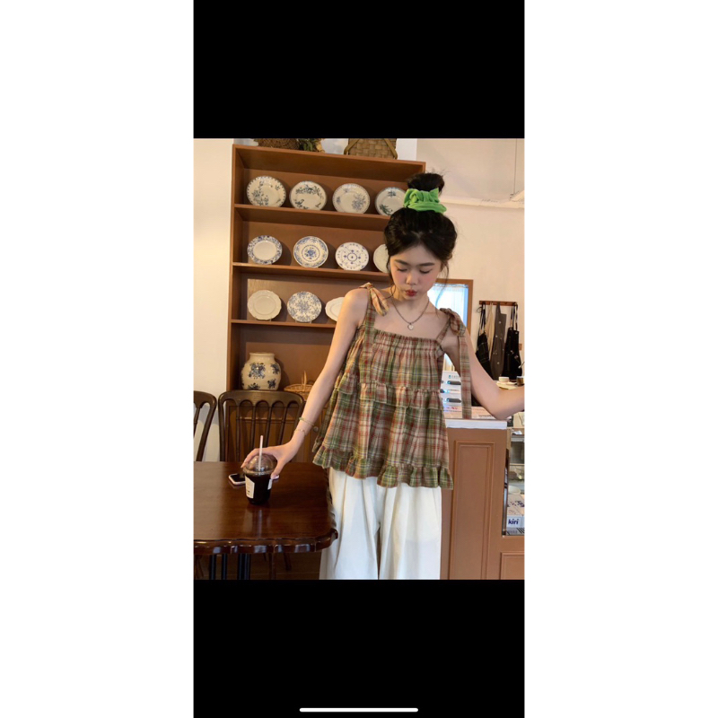 [ 𝐅𝐑𝐄𝐄 𝐒𝐇𝐈𝐏 ] Áo 2 dây caro viền bèo siêu xinh Vải caro thô đũi QC mềm đẹp, 2 dây điều chỉnh, chun ngực ôm đẹp