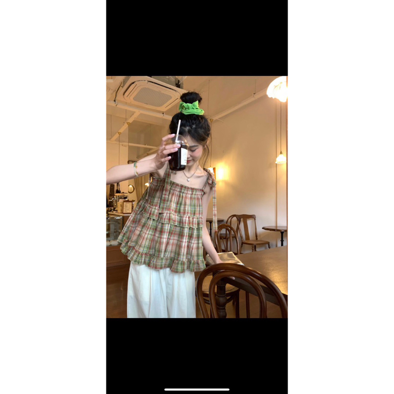 [ 𝐅𝐑𝐄𝐄 𝐒𝐇𝐈𝐏 ] Áo 2 dây caro viền bèo siêu xinh Vải caro thô đũi QC mềm đẹp, 2 dây điều chỉnh, chun ngực ôm đẹp