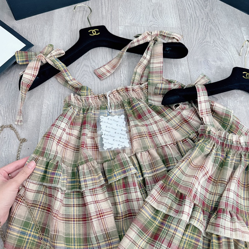 [ 𝐅𝐑𝐄𝐄 𝐒𝐇𝐈𝐏 ] Áo 2 dây caro viền bèo siêu xinh Vải caro thô đũi QC mềm đẹp, 2 dây điều chỉnh, chun ngực ôm đẹp