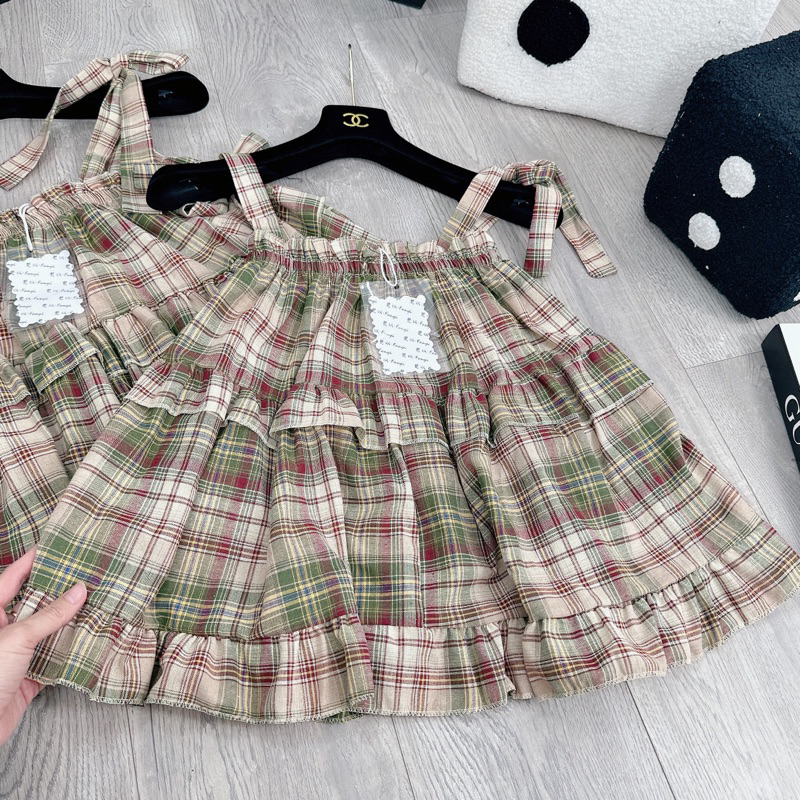 [ 𝐅𝐑𝐄𝐄 𝐒𝐇𝐈𝐏 ] Áo 2 dây caro viền bèo siêu xinh Vải caro thô đũi QC mềm đẹp, 2 dây điều chỉnh, chun ngực ôm đẹp