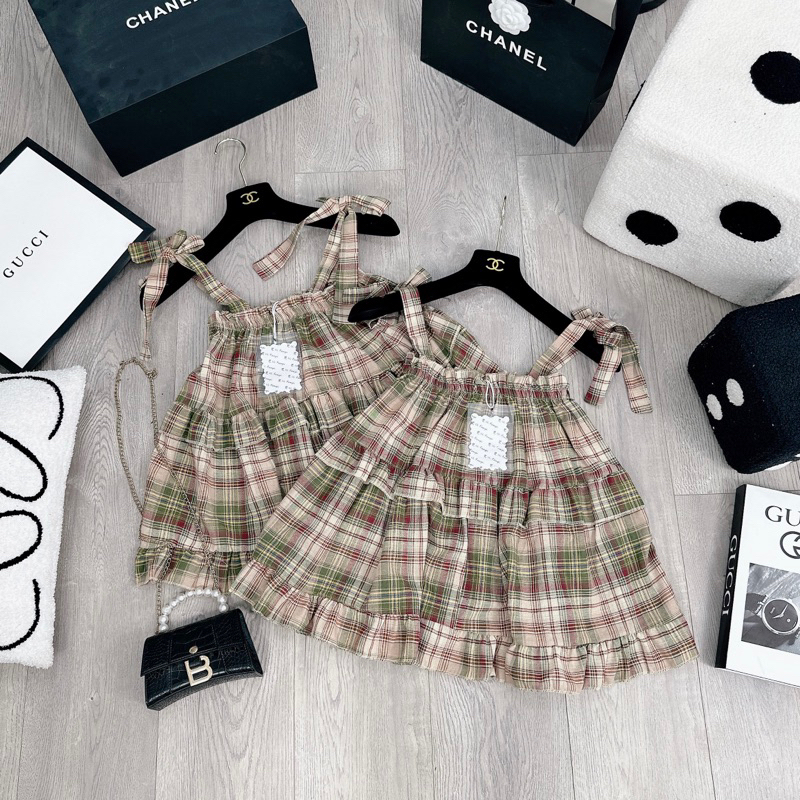 [ 𝐅𝐑𝐄𝐄 𝐒𝐇𝐈𝐏 ] Áo 2 dây caro viền bèo siêu xinh Vải caro thô đũi QC mềm đẹp, 2 dây điều chỉnh, chun ngực ôm đẹp