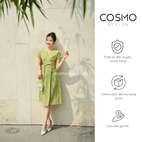 Váy xoè xanh cốm xếp ly chéo eo,buộc nơ hông COSMO Design 11503