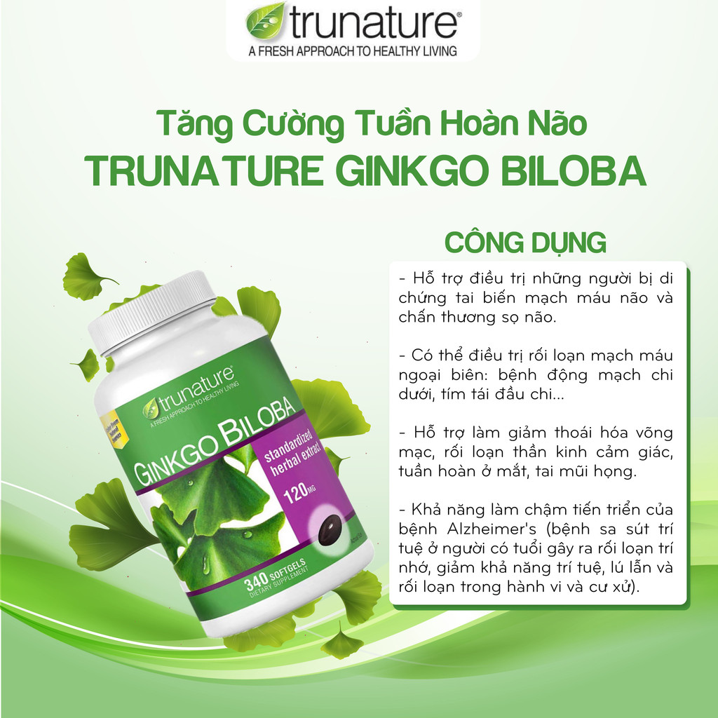 Viên uống bổ não Trunature Ginkgo Biloba 340 viên Kirkland Signature của Mỹ hỗ trợ tuần hoàn máu não