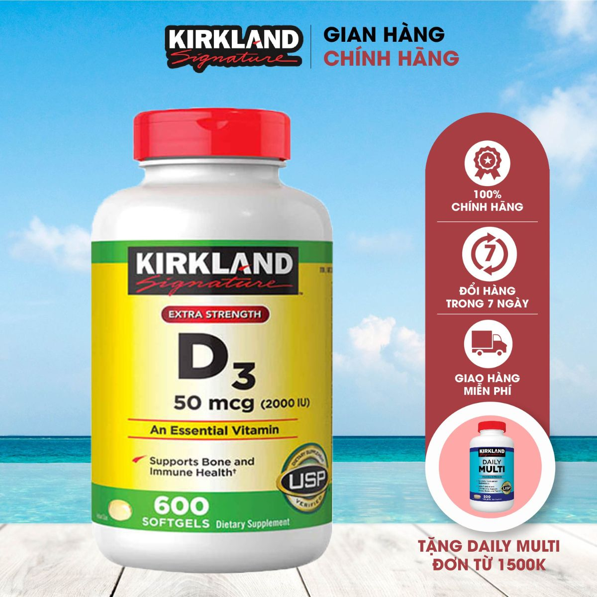 Kirkland Signature Vitamin D3 2000IU 600 viên - Tăng hấp thụ Canxi Mỹ