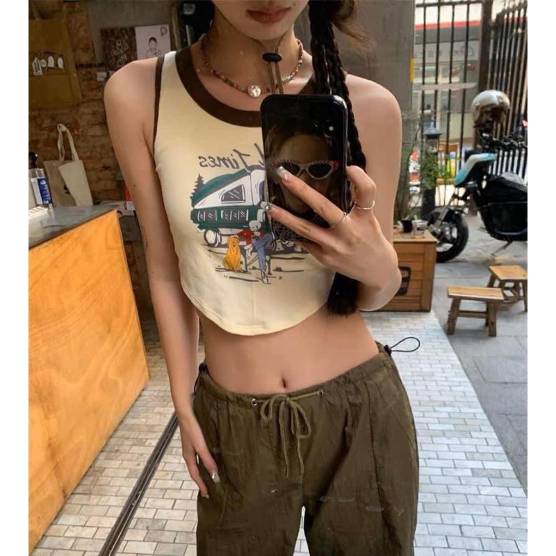 Áo Croptop Vạt Bầu Phối Viền Good Times Chất Thun Borip  Xịn Xò Phong Cách Hàn Quốc Trẻ Trung