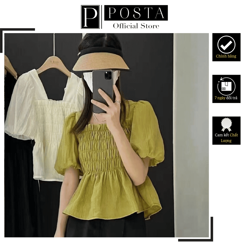 Áo Sơ Mi Phối Cách Điệu Cúc Dọc Basic Cúc Dọc Cao Cấp POSTA PA24 Áo Sơ Mi Nữ Cổ Tròn Tay Lỡ Đi Làm Đi Học Mùa Hè