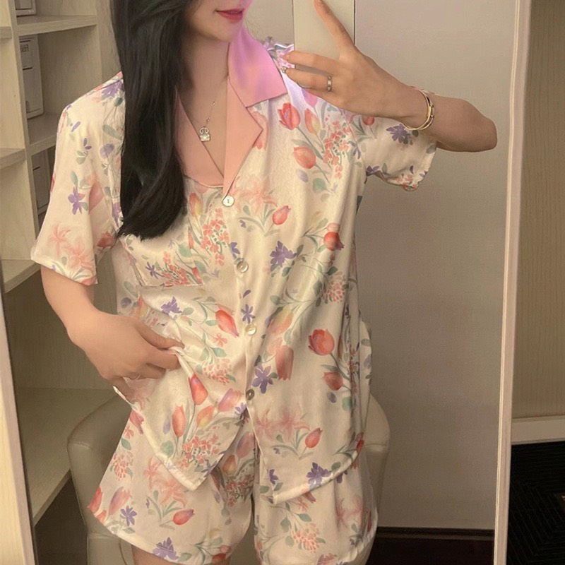 Bộ Ngủ Mặc Nhà Pijama Lụa Cộc Tay, Họa Tiết Hoa Tulip, Nữ Tính Phong Cách Hàn Quốc (HÀNG QUẢNG CHÂU) 2023
