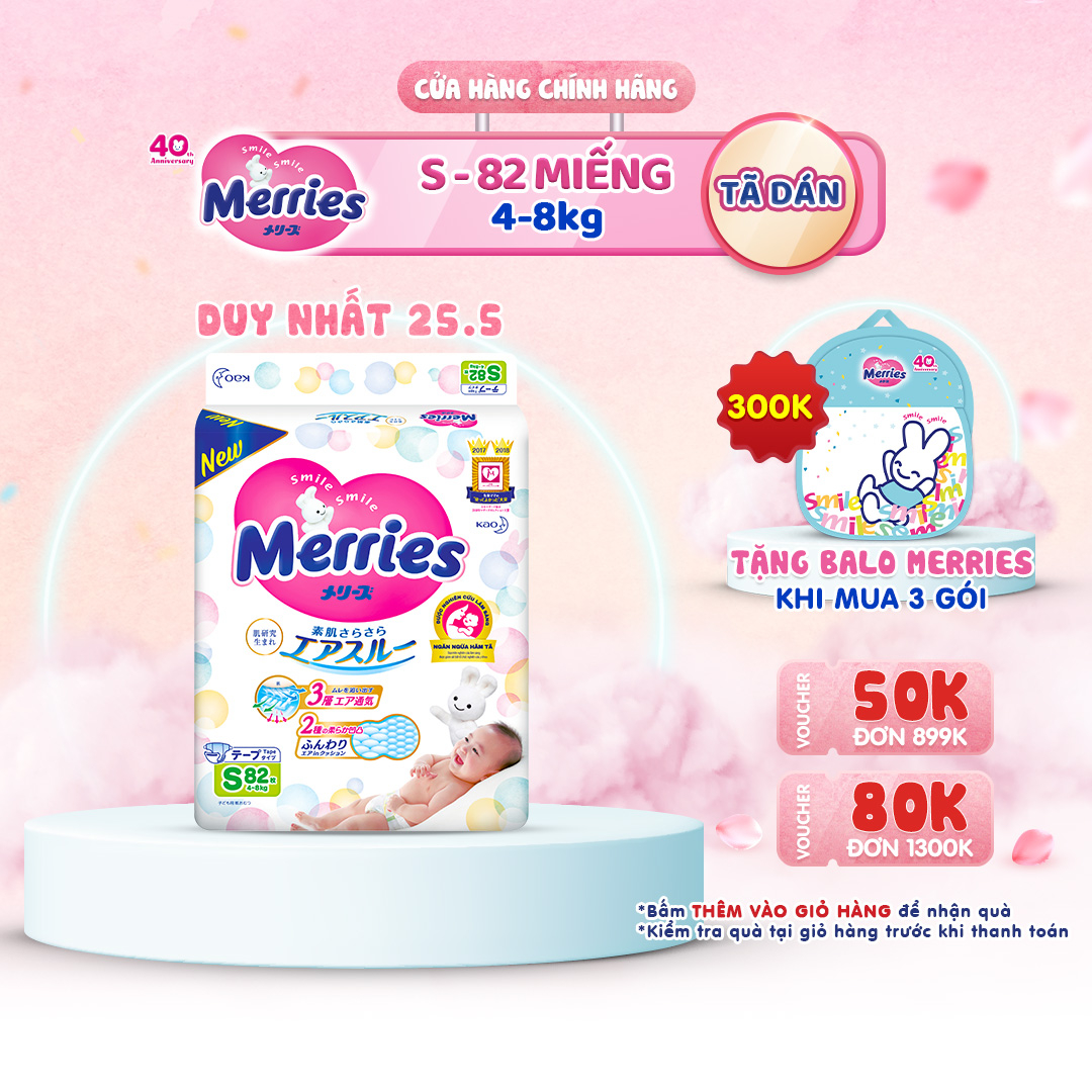 Tã/bỉm dán Merries size S 82 miếng (Cho bé 4-8kg)