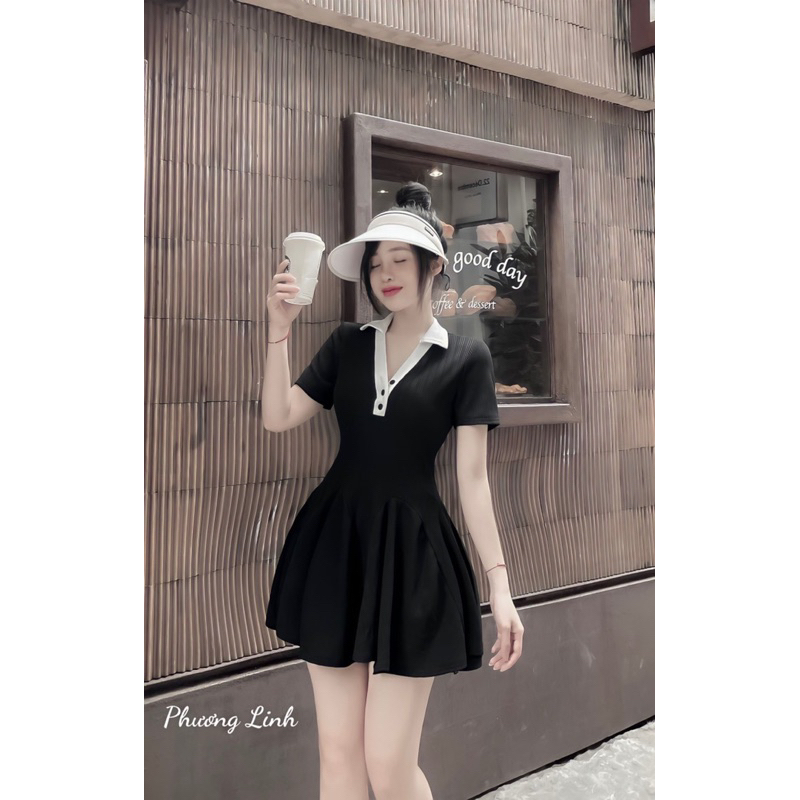 Váy tăm cổ đức ôm eo xòe dày dặn 3 màu kèm quần (kèm ảnh thật)