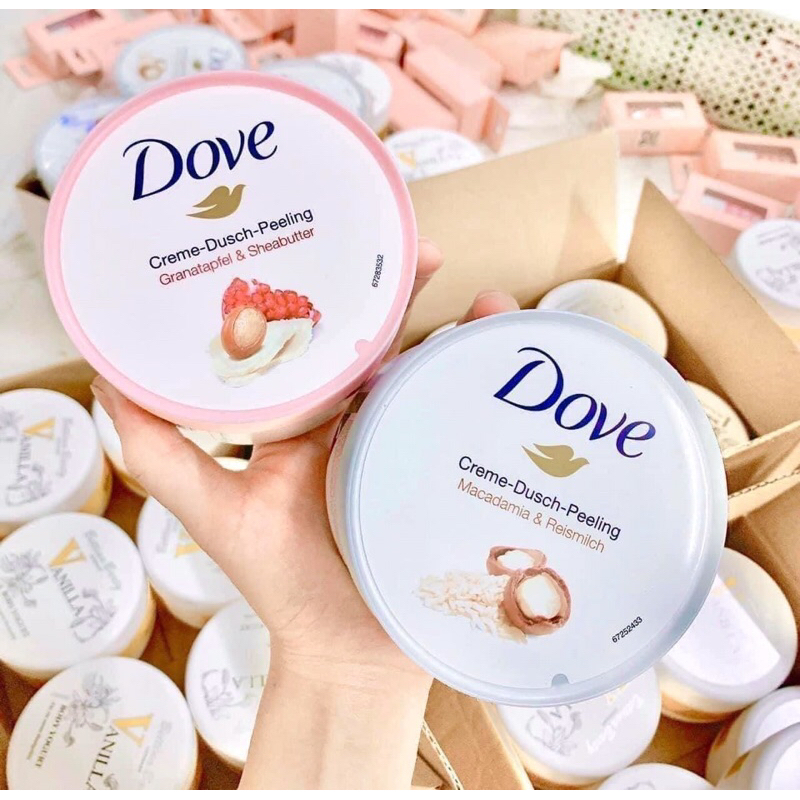 Tẩy tế bào chết body Dove xanh, hồng 225gr bản Đức