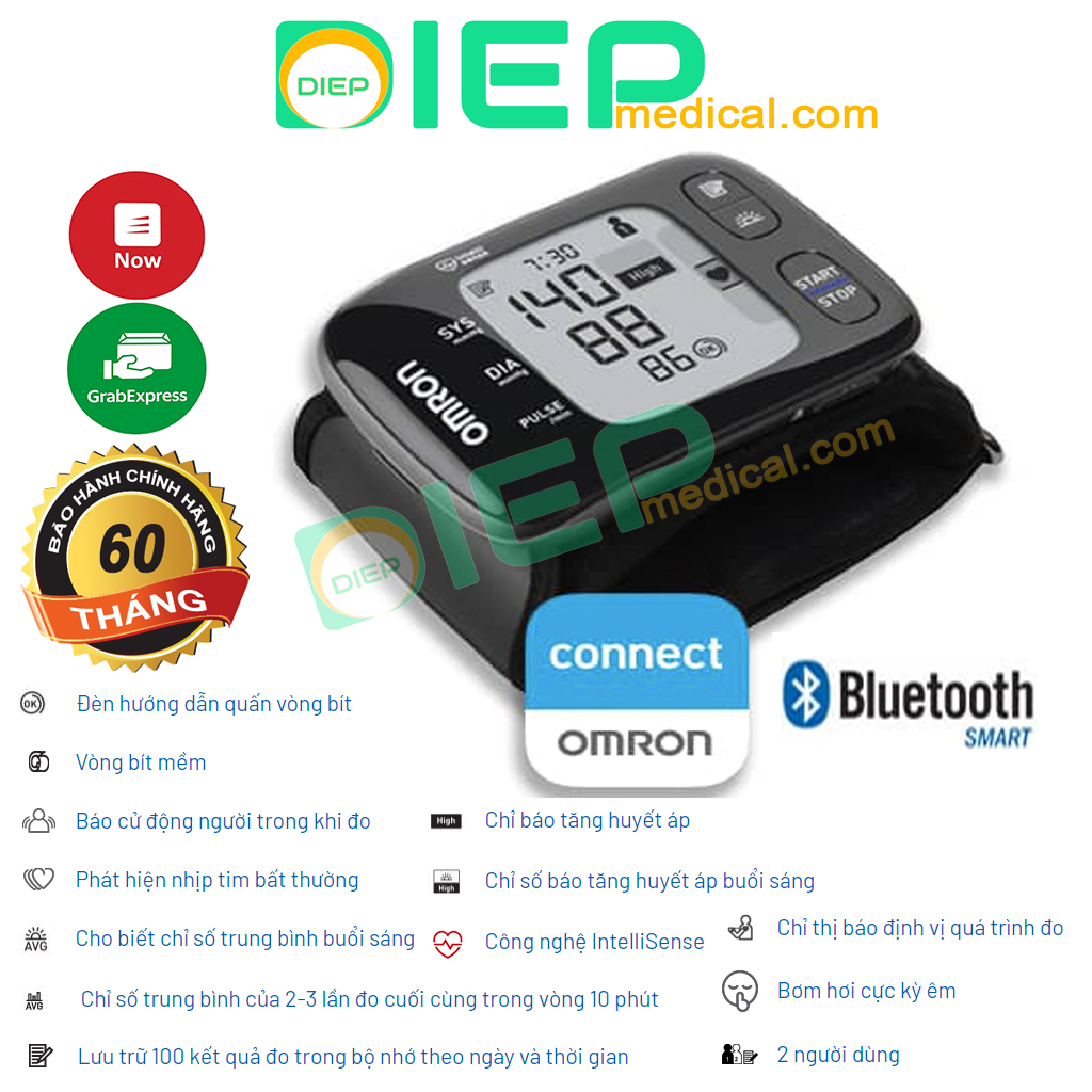 ✅ OMRON HEM-6232T - Máy đo huyết áp cổ tay tự động 6232 T, loạn nhịp tim, Bluetooth kết nối điện thoại Chính hãng