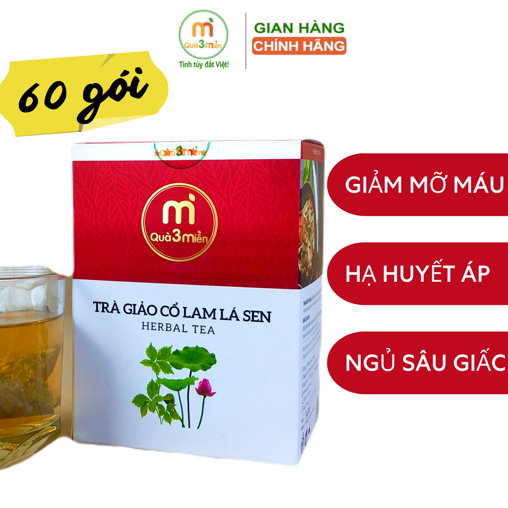 Trà Giảo Cổ Lam Lá Sen ổn định huyết áp, giảm mỡ máu, ngăn ngừa xơ vữa động mạch hộp 60 túi lọc thương hiệu Quà 3 Miền