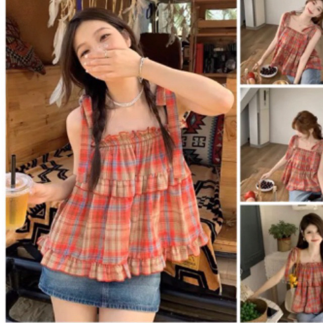 ÁO 2 dây kẻ hottrel thắt nơ tiểu thư nhiều màu