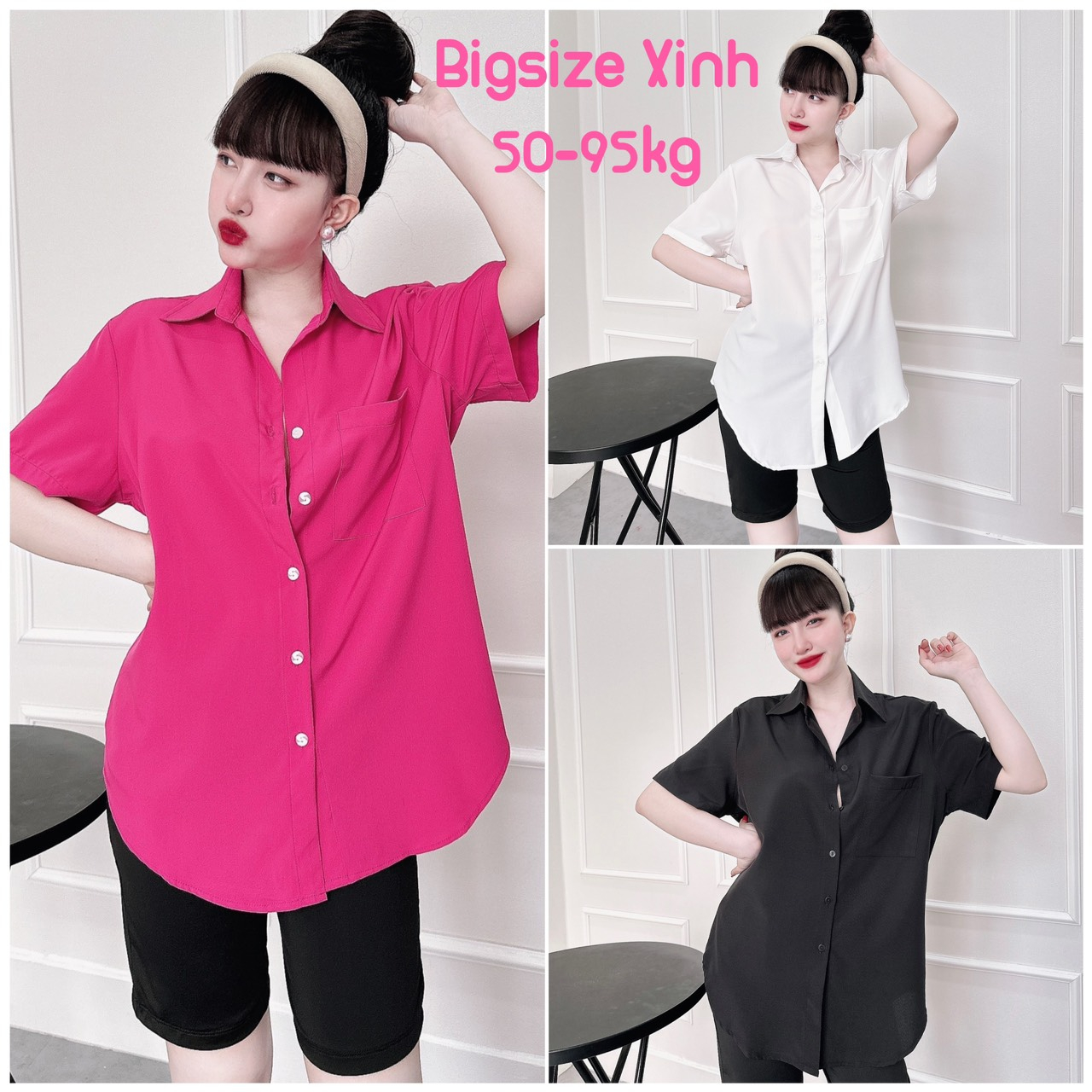 Áo sơ mi tay ngắn bigsize 50-95kg, áo sơ mi trăng, sơ mi hồng hottrend