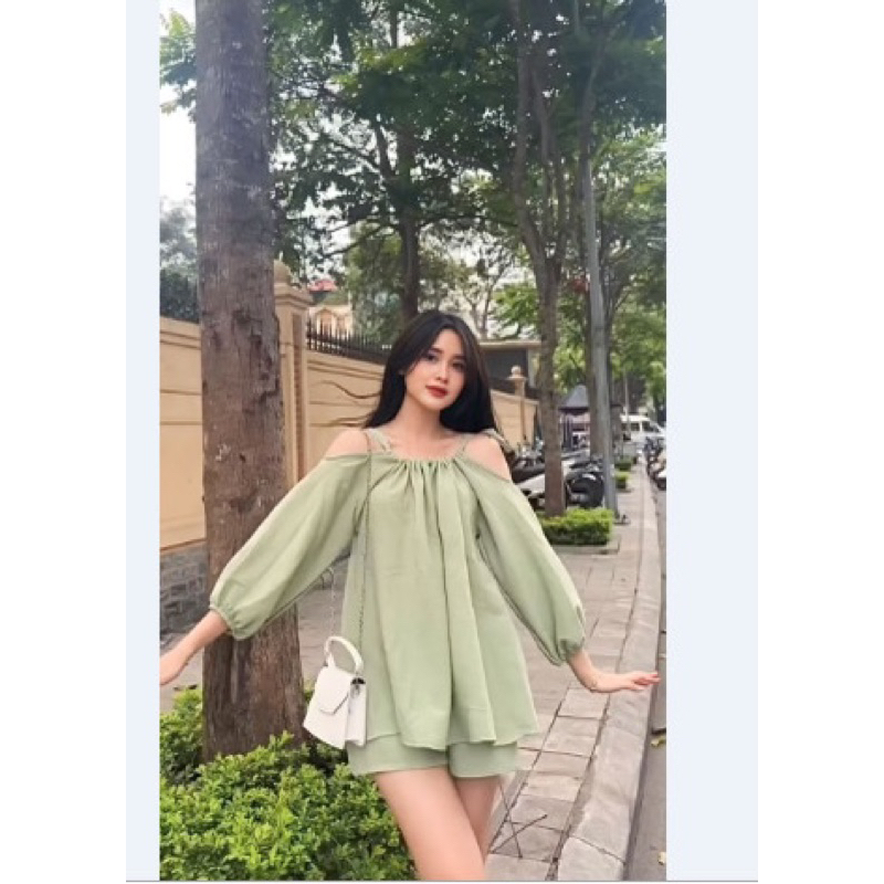 Set bộ sốp nhăn bệt vai siêu xinh, Set nữ áo bệt vai buộc dây kèm quần short
